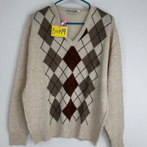 Murphy Brothers Wool Argyle Print Tan Pullover V Neck Size Large